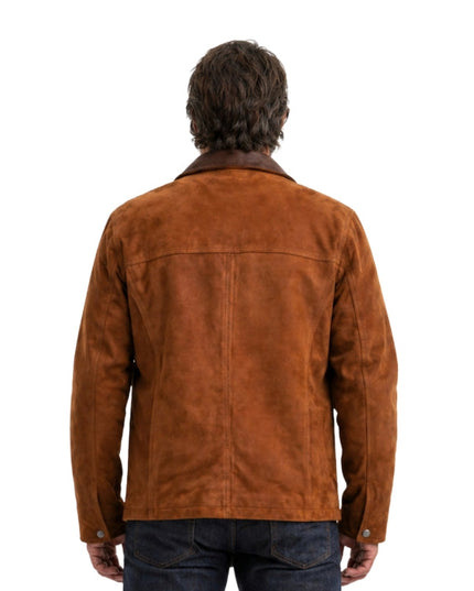 Man wearing a brown suede jacket on a white background