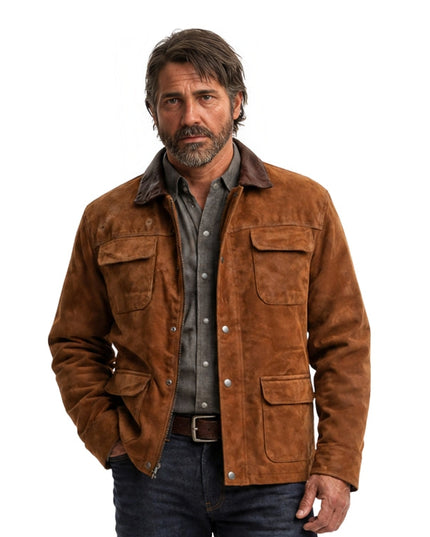 Man wearing a brown suede jacket on a white background