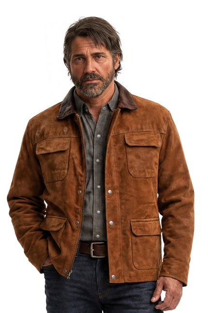 Man wearing a brown suede jacket on a white background