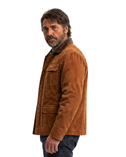 Man wearing a brown suede jacket on a white background