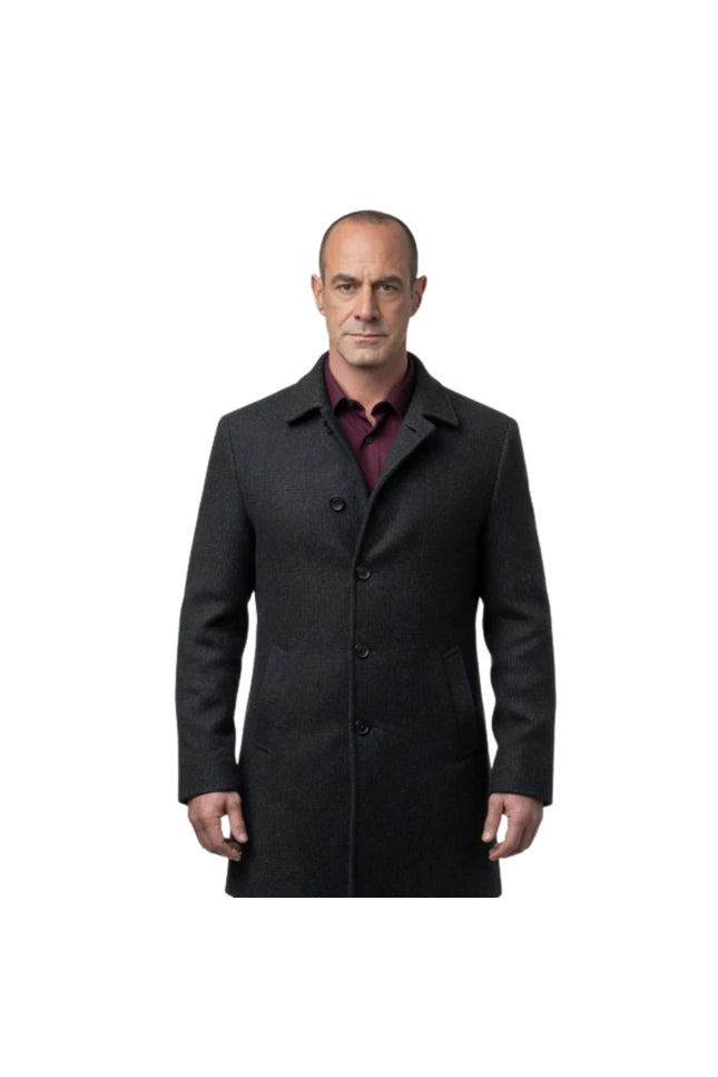 Man wearing a dark gray coat on a white background