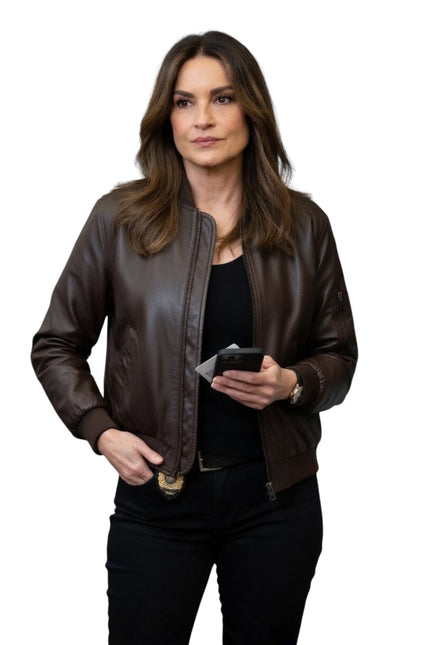 Woman wearing a brown leather jacket on a white background
