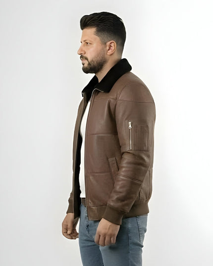 Men's Brown Sheepskin Leather Aviator Bomber Jacket