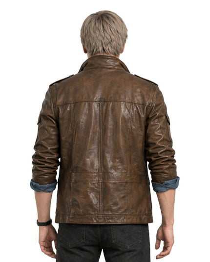 Man wearing a brown leather jacket on a white background