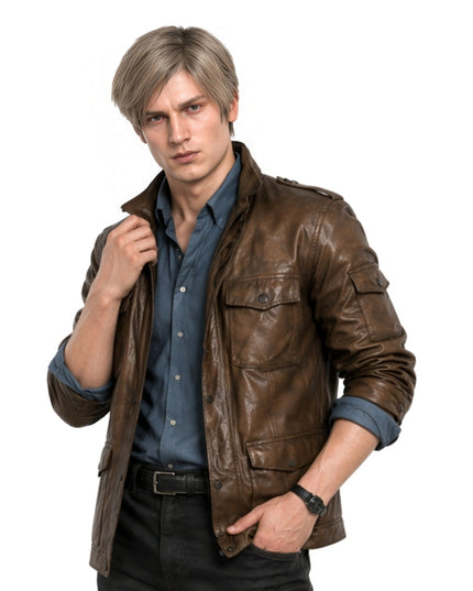 Man wearing a brown leather jacket on a white background