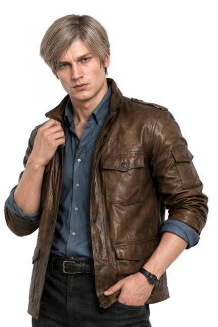 Man wearing a brown leather jacket on a white background