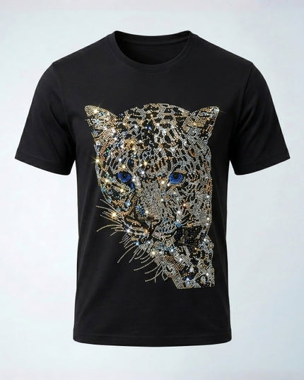 Black t-shirt with a sequined leopard design on a light gray background