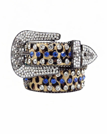 Belt with leopard print and blue gemstones on a white background