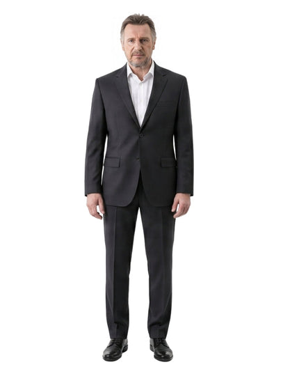 Man wearing a black suit and white shirt on a white background