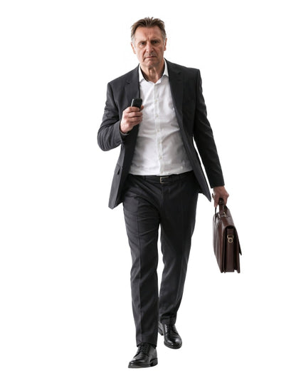 Man in a suit holding a phone and briefcase on a white background