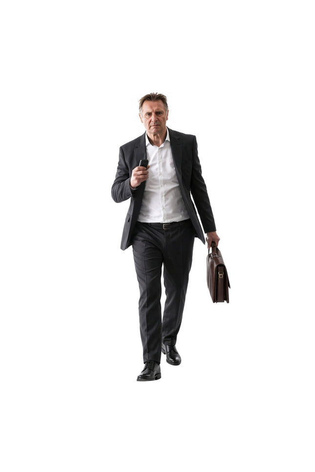 Man in a suit holding a phone and briefcase on a white background