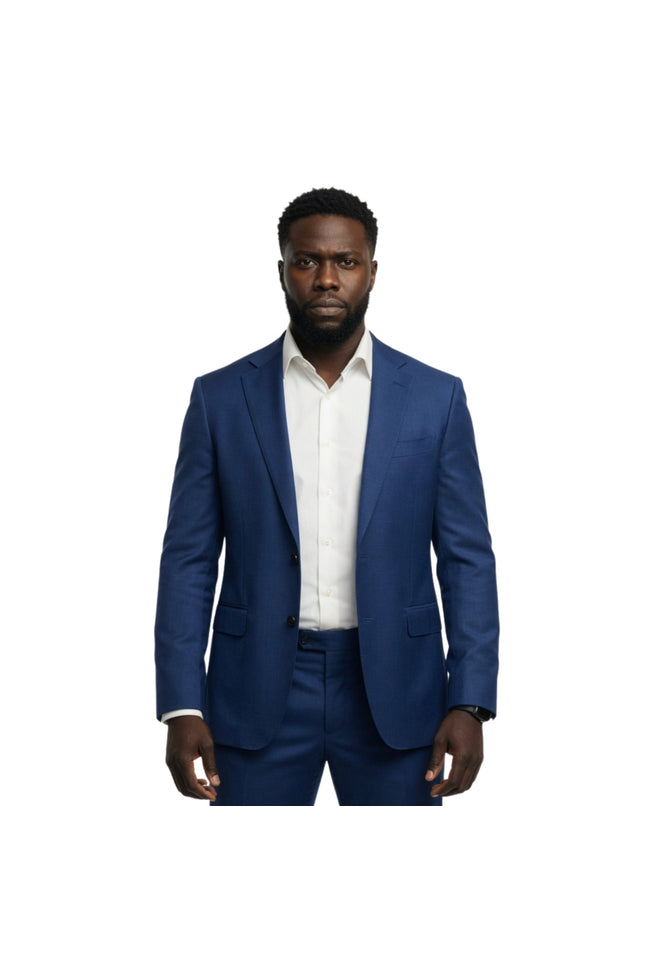 Man wearing a blue suit and white shirt on a white background