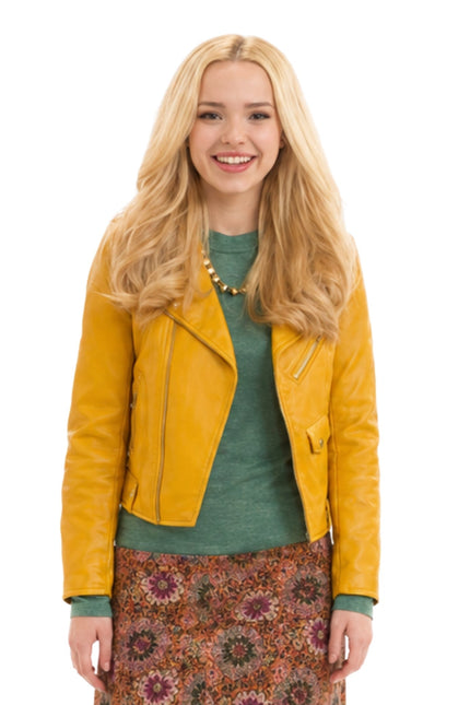 Woman wearing a yellow leather jacket on a white background