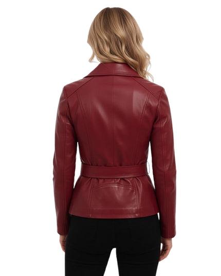 Red leather jacket worn by a person on a white background