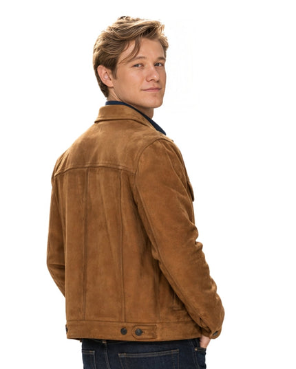 Man wearing a brown suede jacket on a white background