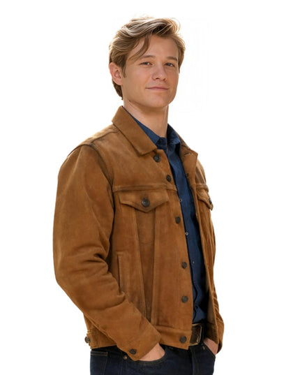 Man wearing a brown suede jacket on a white background