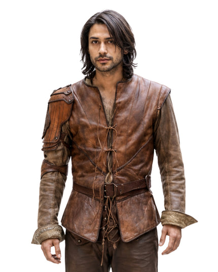 Man wearing a brown leather outfit on a white background