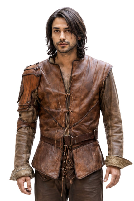 Man wearing a brown leather outfit on a white background