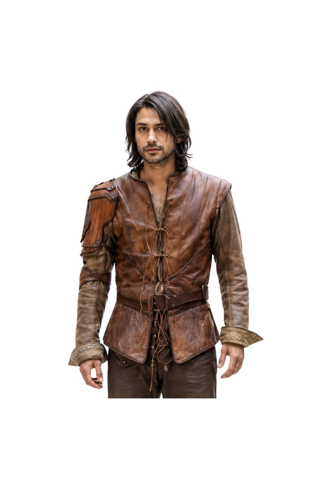 Man wearing a brown leather outfit on a white background
