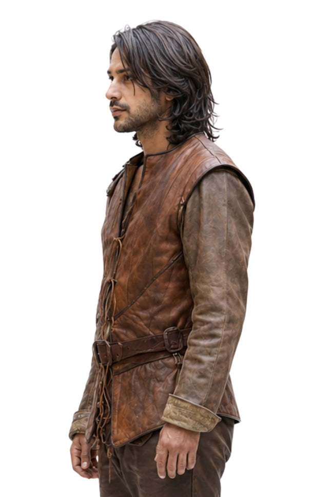 Man wearing a brown leather outfit on a white background