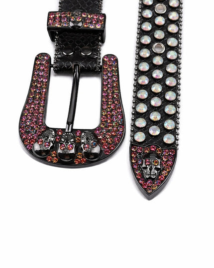 Black belt with decorative buckle and gemstone accents on a white background