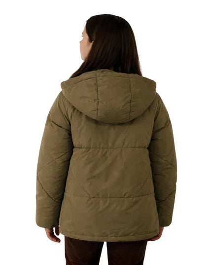 Person wearing a brown puffer jacket on a white background