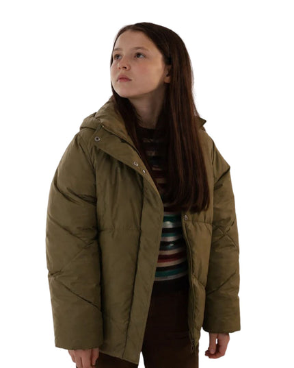 Person wearing a brown puffer jacket on a white background