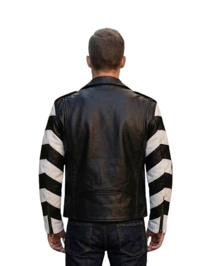 Man wearing a black leather jacket with white sleeve patterns on a white background