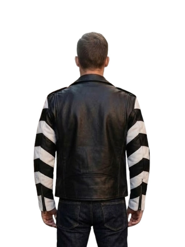 Man wearing a black leather jacket with white sleeve patterns on a white background