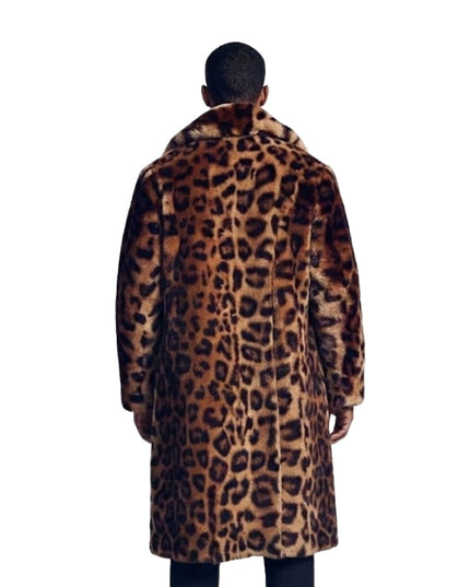 Person wearing a leopard print coat on a white background