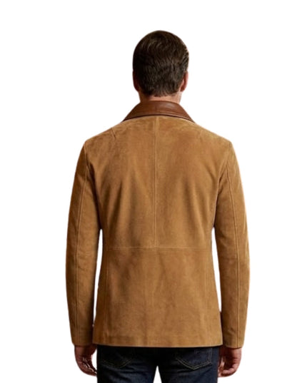 Man wearing a brown suede jacket on a white background