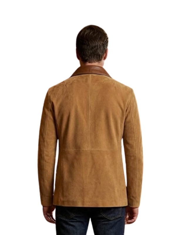 Man wearing a brown suede jacket on a white background