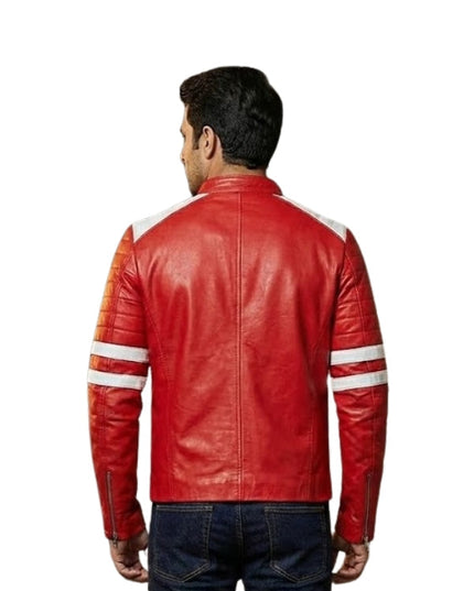 Red leather jacket with white stripes on sleeves worn by a person on a white background