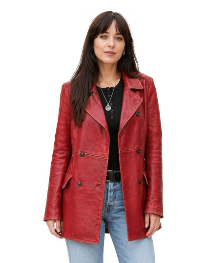 Woman wearing a red leather coat on a white background