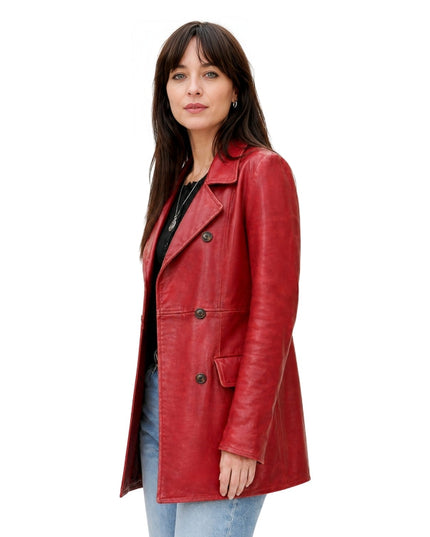 Woman wearing a red leather coat on a white background