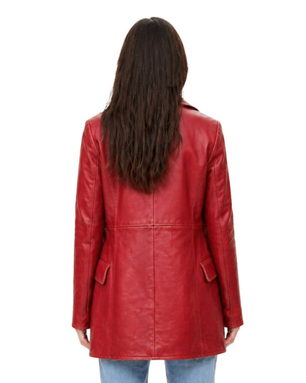 Red leather coat worn by a person on a white background