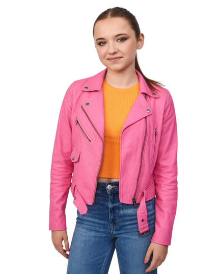 Person wearing a pink jacket, orange shirt, and blue jeans on a white background