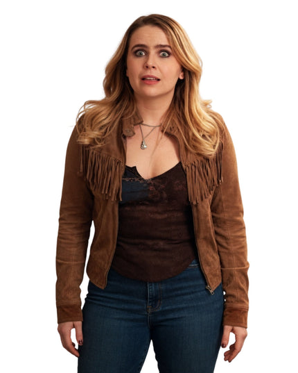 Woman wearing a brown suede jacket with fringe on a white background