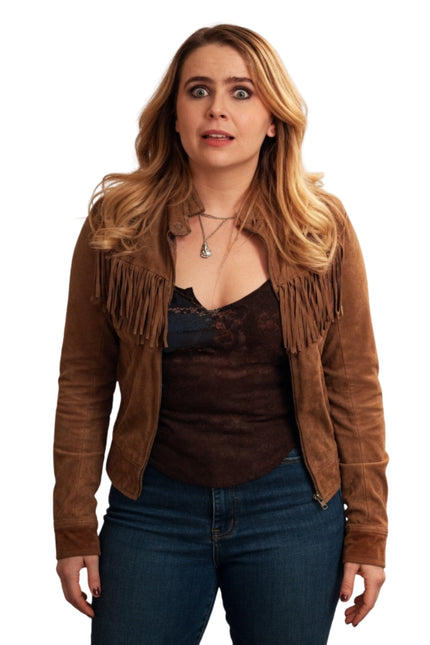 Woman wearing a brown suede jacket with fringe on a white background