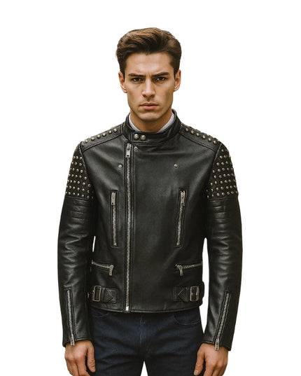Maestro Black Studded Biker Leather Jacket