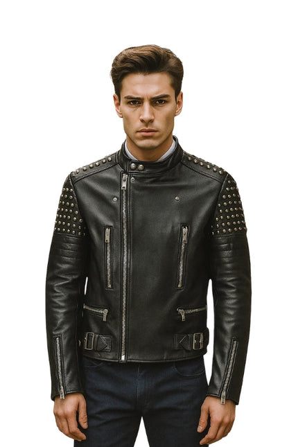 Maestro Black Studded Biker Leather Jacket