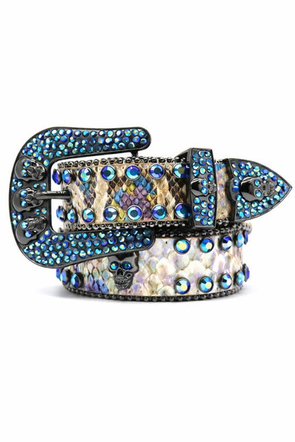 Skull Buckle Blue Rhinestone Western Belt