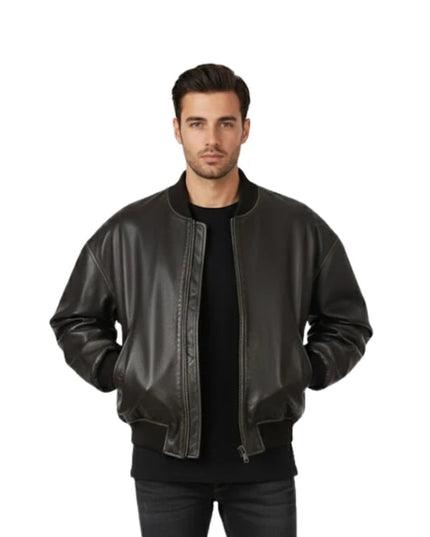 Man wearing a black leather jacket on a white background