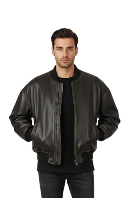 Man wearing a black leather jacket on a white background