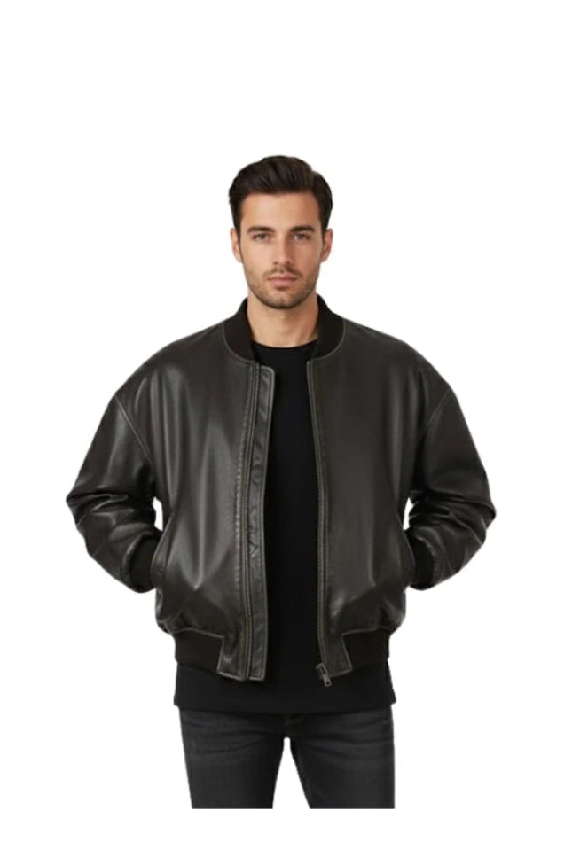 Man wearing a black leather jacket on a white background