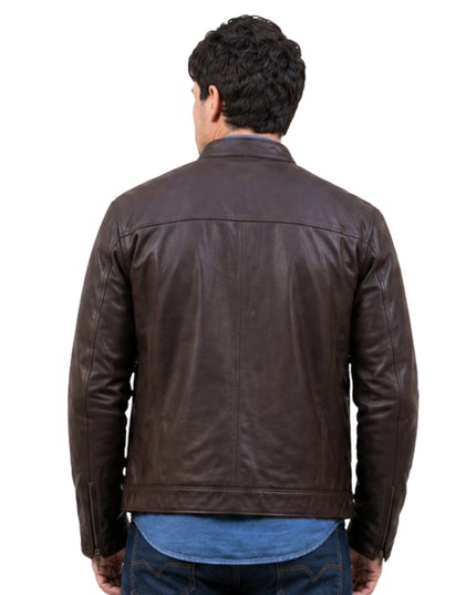 Man wearing a brown leather jacket on a white background
