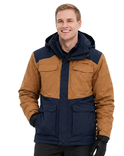 Man wearing a brown and navy jacket on a white background