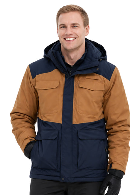 Man wearing a brown and navy jacket on a white background