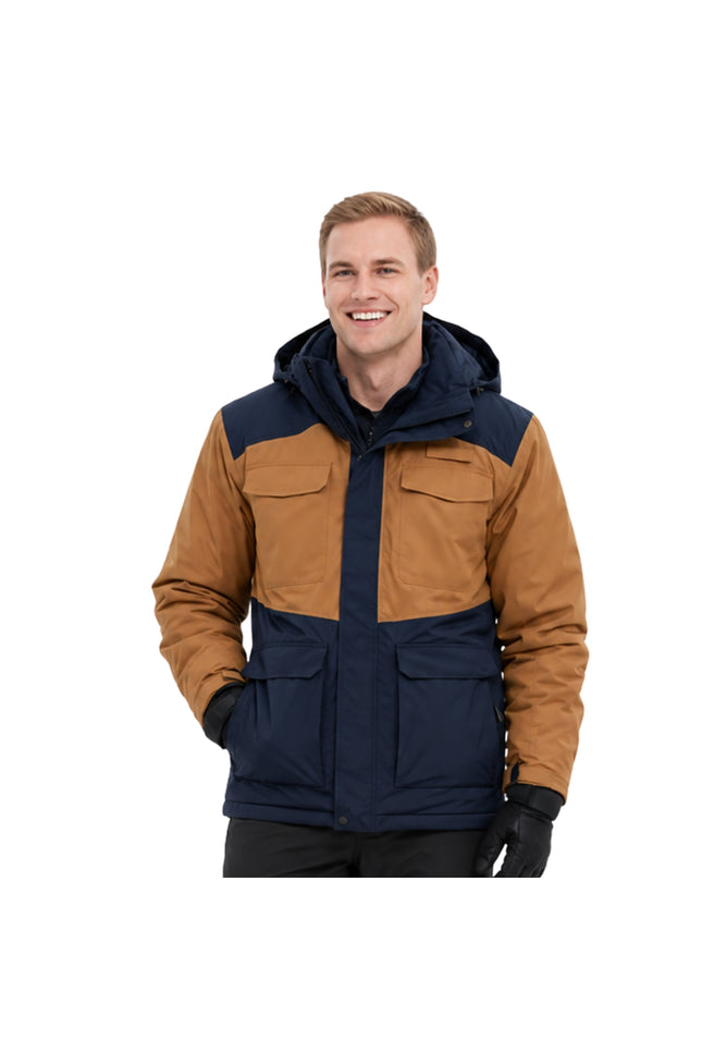Man wearing a brown and navy jacket on a white background