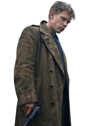 Man wearing a long brown coat holding a gun on a white background